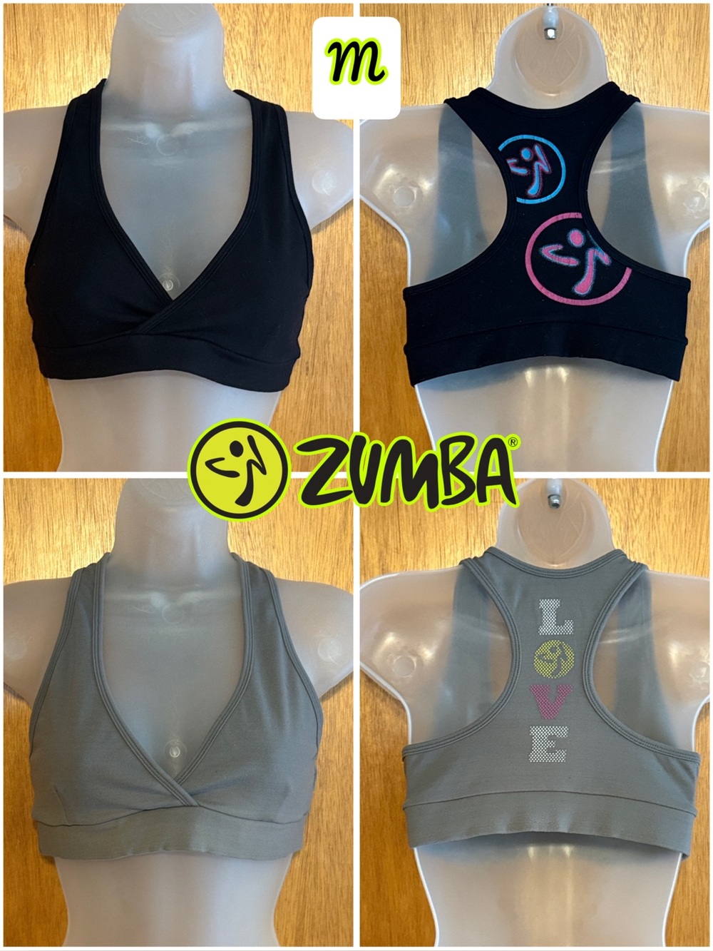 Zumba Fitness Racerback V-Neck Sports Bra Bralette Bundle sz M Black & Grey